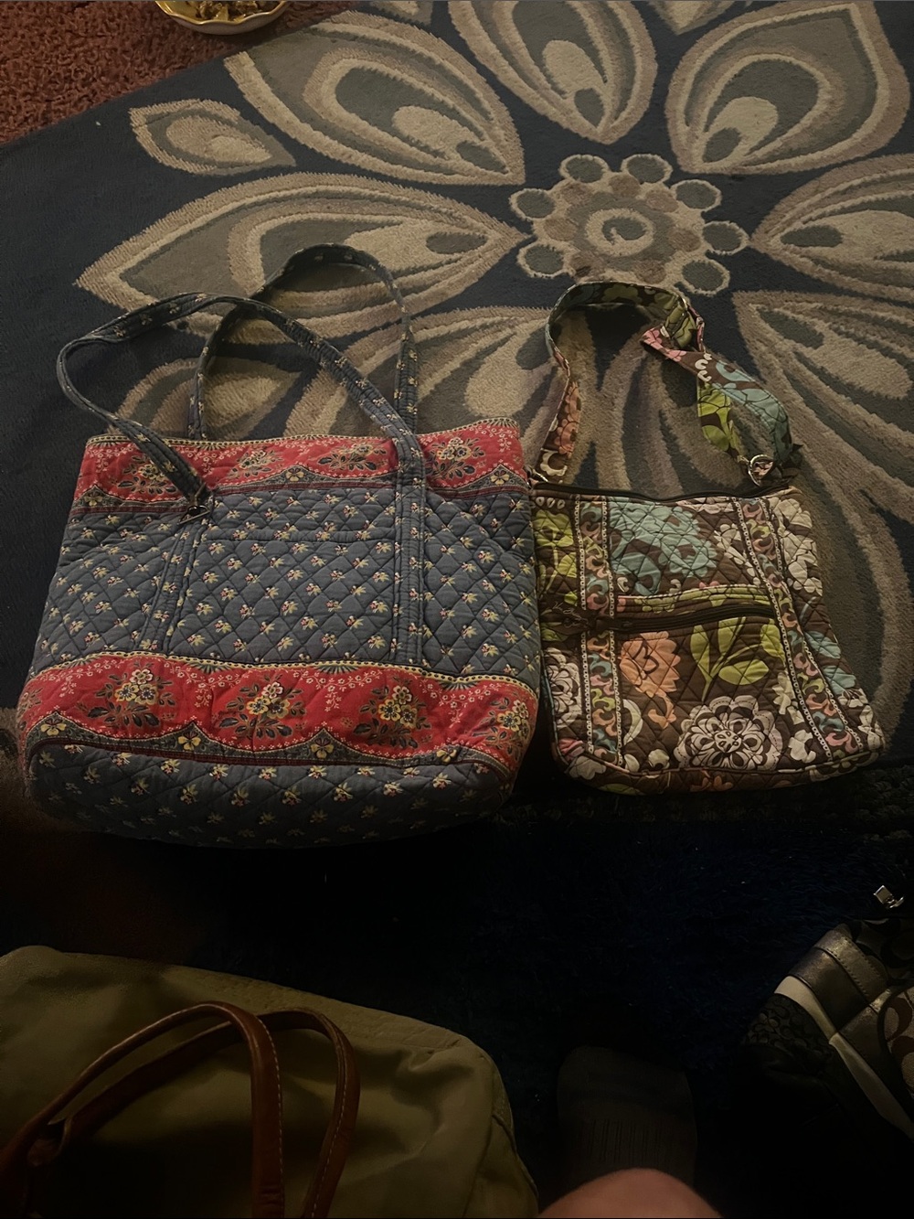 Vera Bradley Quilted Blue Tote with Red Floral Band